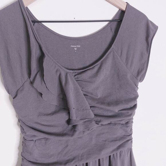 Garnet Hill Grey Knit Piazza Cap Sleeve Ruffle Ruched Dress Small - Picture 2 of 9